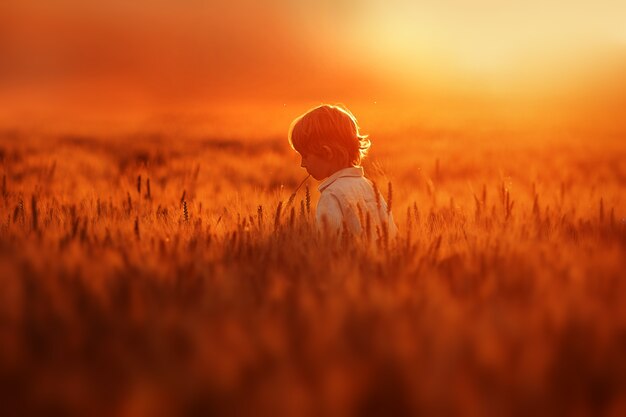 Niño camina en el campo lleno de trigo dorado