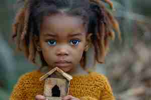 Foto gratuita niño con una casa de juguetes en miniatura de madera