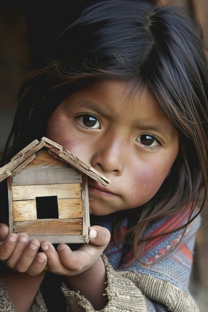 Foto gratuita niño con una casa de juguetes en miniatura de madera