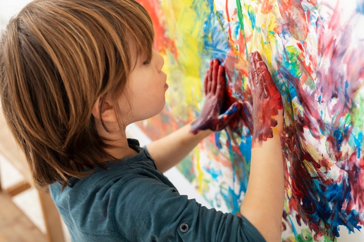 Foto gratuito niño en casa pintando