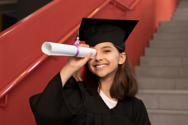 Foto gratuita niño celebrando la graduación de jardín de infantes