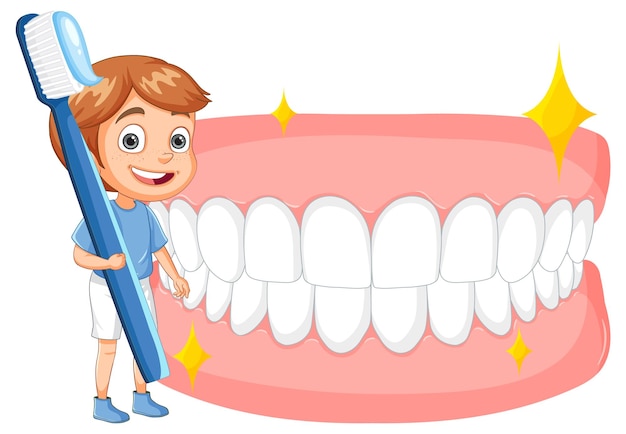 Niño con cepillo de dientes y dientes limpios