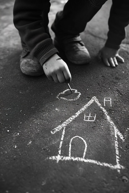 Niño dibujando una casa con tiza en el suelo al aire libre