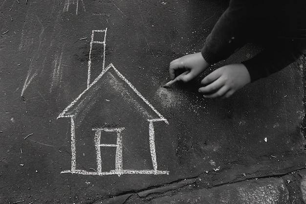 Niño dibujando una casa con tiza en el suelo