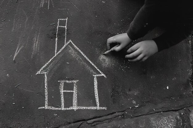 Niño dibujando una casa con tiza en el suelo