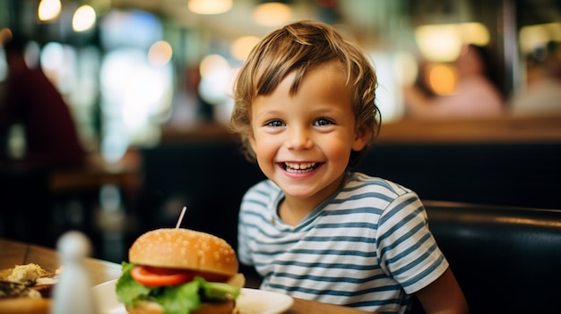 Foto gratuita niño disfrutando de una hamburguesa en un restaurante