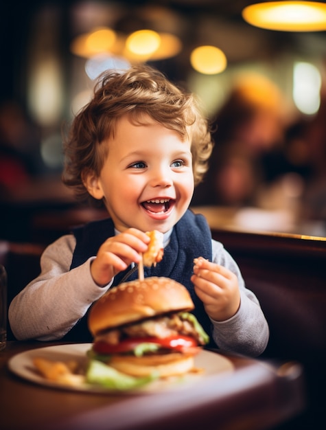 Niño disfrutando de una hamburguesa en un restaurante