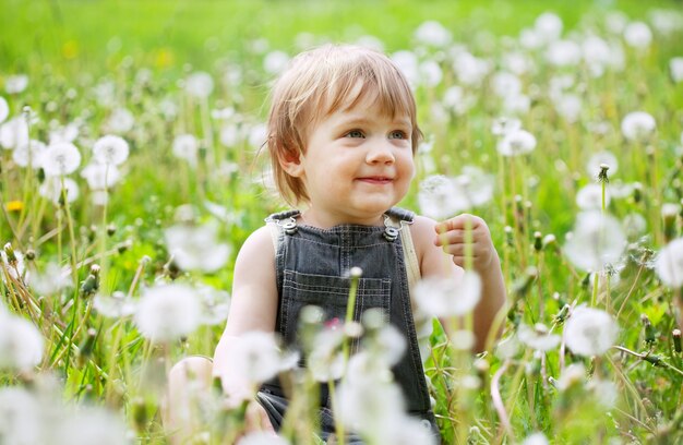 Niño de dos años en prado de diente de león