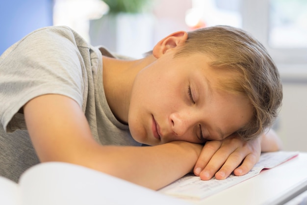 Niño durmiendo en libros