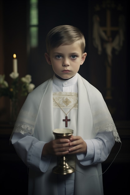 Foto gratuita un niño experimentando su primera ceremonia de comunión en la iglesia