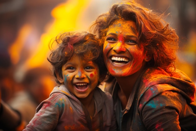 Foto gratuita niño feliz con su madre en la fiesta de holi hermoso retrato familiar durante el festival de las flores