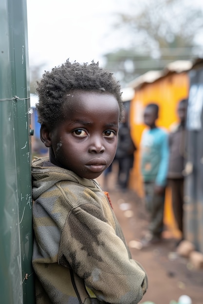 Foto gratuita niño fotorrealista en un campamento de refugiados