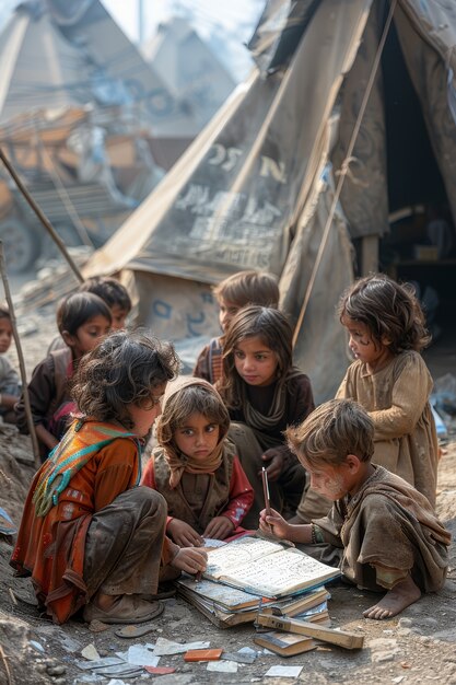 Niño fotorrealista en un campamento de refugiados