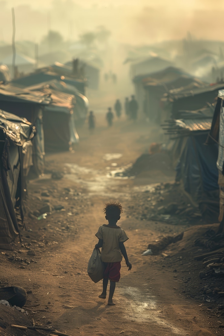Foto gratuito niño fotorrealista en un campamento de refugiados