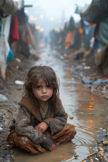 Foto gratuita niño fotorrealista en un campamento de refugiados