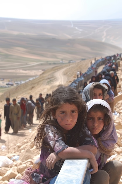 Foto gratuita niño fotorrealista en un campamento de refugiados