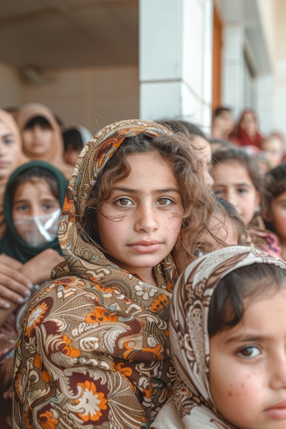 Foto gratuita niño fotorrealista en un campamento de refugiados