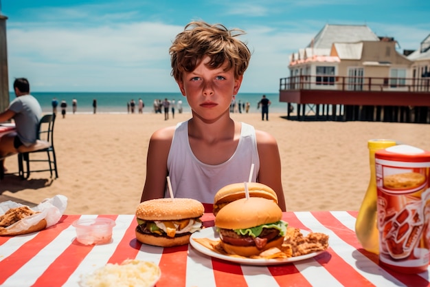 Niño fotorrealista con comida de hamburguesa