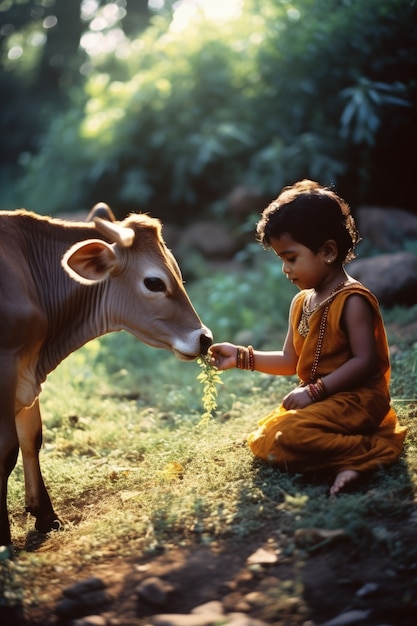 Foto gratuita niño fotorrealista que representa a krishna