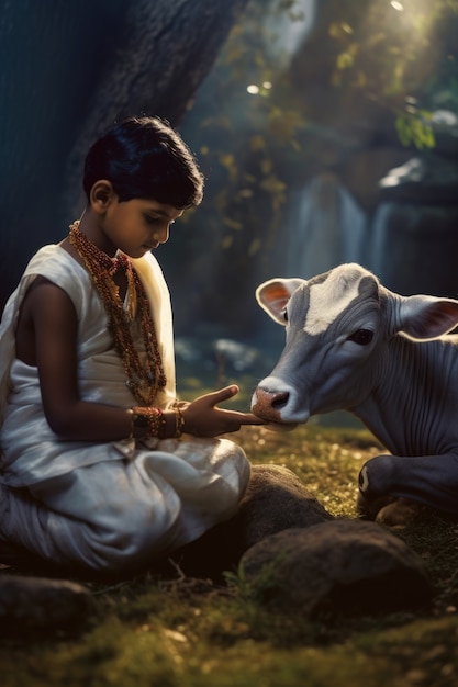 Foto gratuita niño fotorrealista que representa a krishna