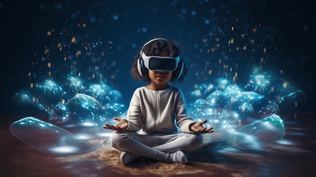 Niño con gafas de realidad virtual experimentando metaverso