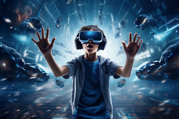 Niño con gafas de realidad virtual experimentando metaverso