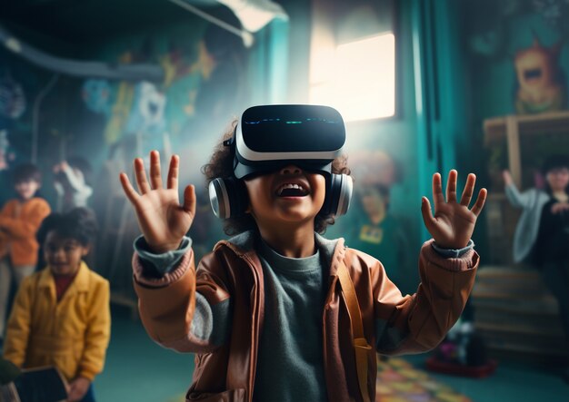 Niño con gafas vr en un aula escolar futurista abstracta