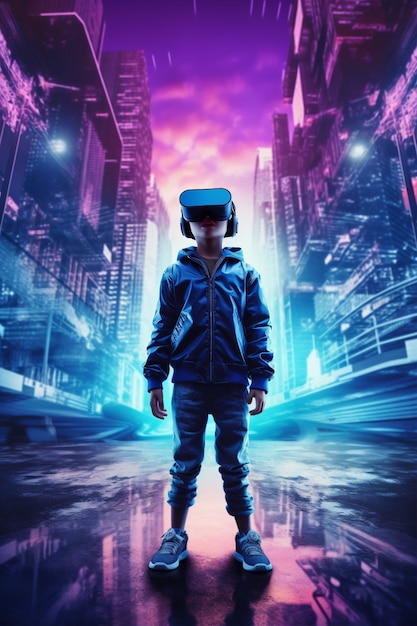 Foto gratuita niño con gafas vr en ciudad futurista