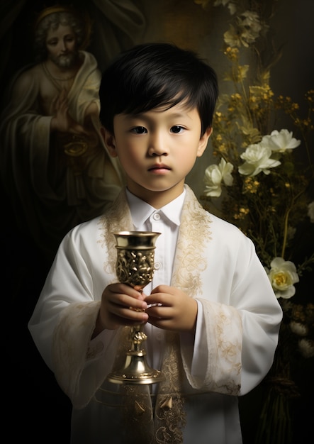 Un niño en la iglesia experimentando su primera ceremonia de comunión