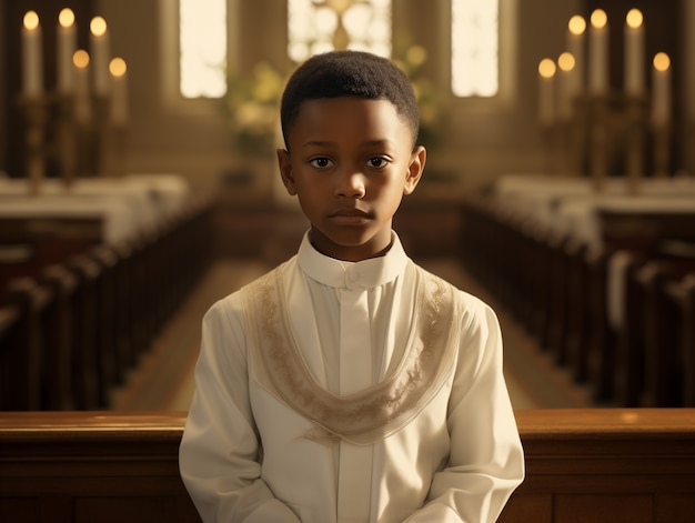 Un niño en la iglesia experimentando su primera ceremonia de comunión