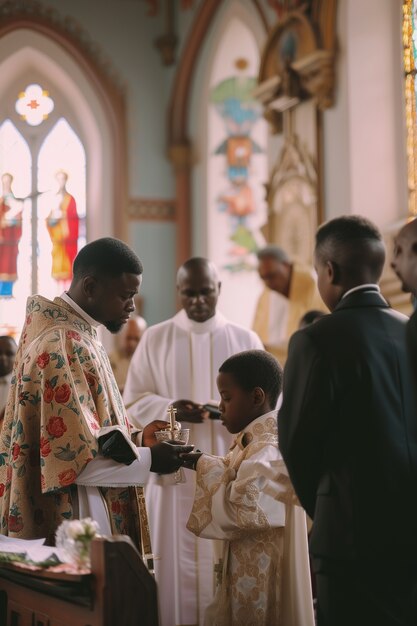 Un niño en la iglesia experimentando su primera ceremonia de comunión