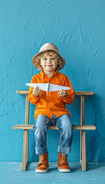 Foto gratuita niño jugando con un avión de papel