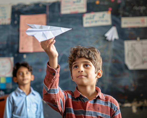 Foto gratuita niño jugando con un avión de papel