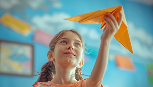 Foto gratuita niño jugando con un avión de papel