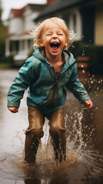 Foto gratuita un niño jugando en el charco.