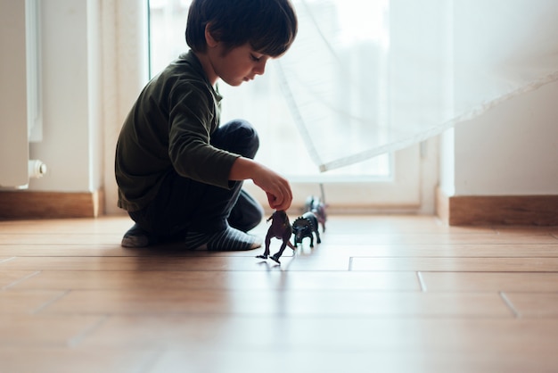 Foto gratuita niño jugando con dinosaurios de juguete