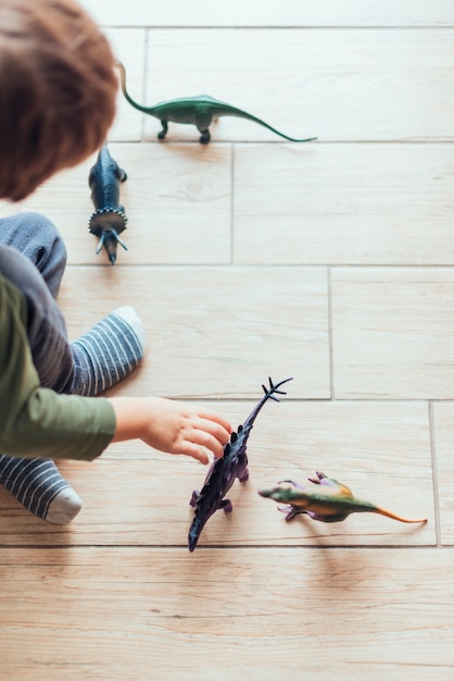 Niño jugando con dinosaurios de juguete