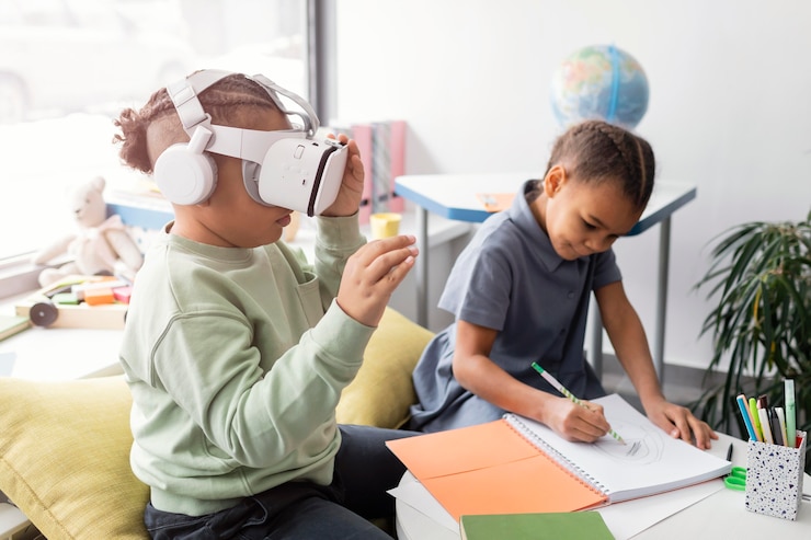 Foto gratuito niño jugando con gafas vr