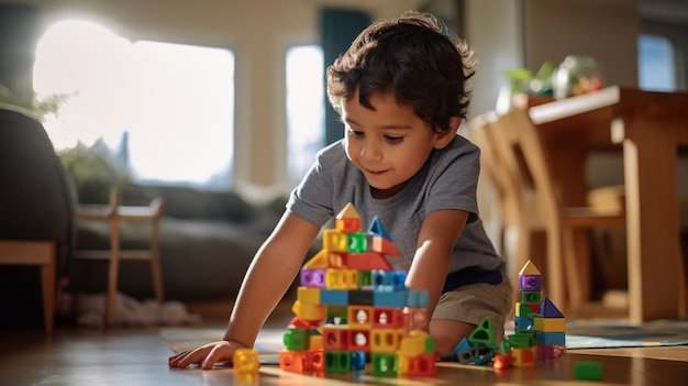 Un niño jugando con legos de cerca.