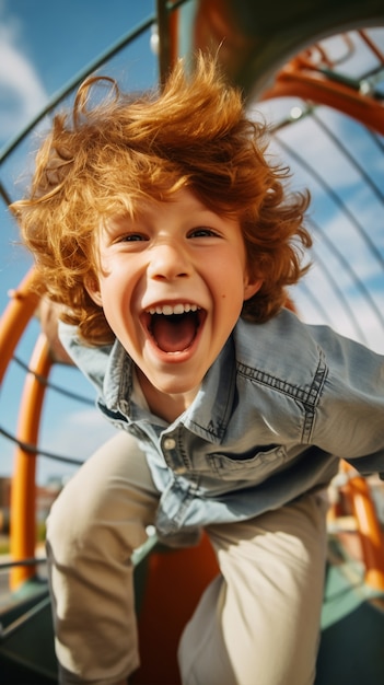 Foto gratuita un niño jugando en el parque infantil.