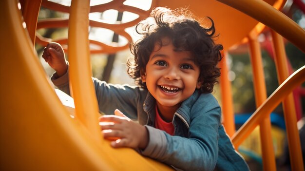 Un niño jugando en el parque infantil.