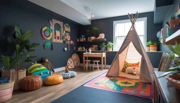 Niño juguetón crea una linda sala de juegos con creatividad generada por IA