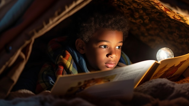 Foto gratuita un niño leyendo en la cama.