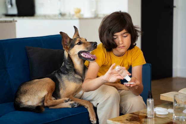 Niño limpiando perro tiro medio