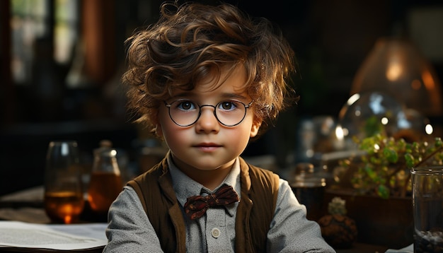 Foto gratuita un niño lindo con el cabello rizado sonriendo a la cámara generada por la inteligencia artificial