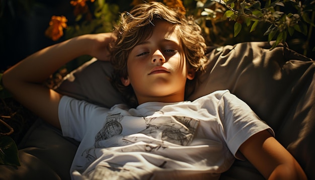 Un niño lindo disfrutando de la naturaleza acostado con los ojos cerrados despreocupado generado por la inteligencia artificial