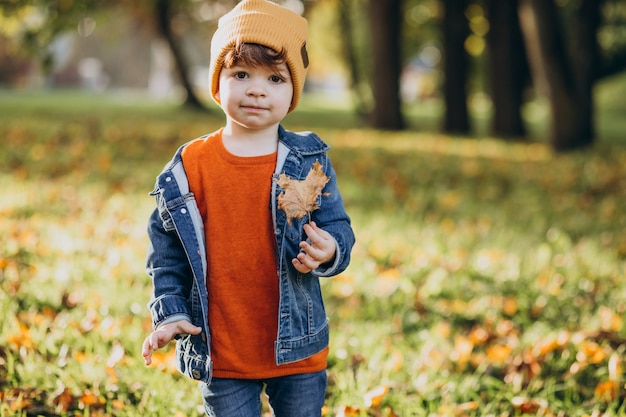 Niño lindo jugando con hojas en el parque otoño