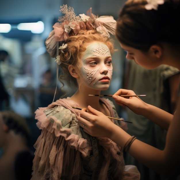 Foto gratuita un niño se maquilla para interpretar una obra de teatro.