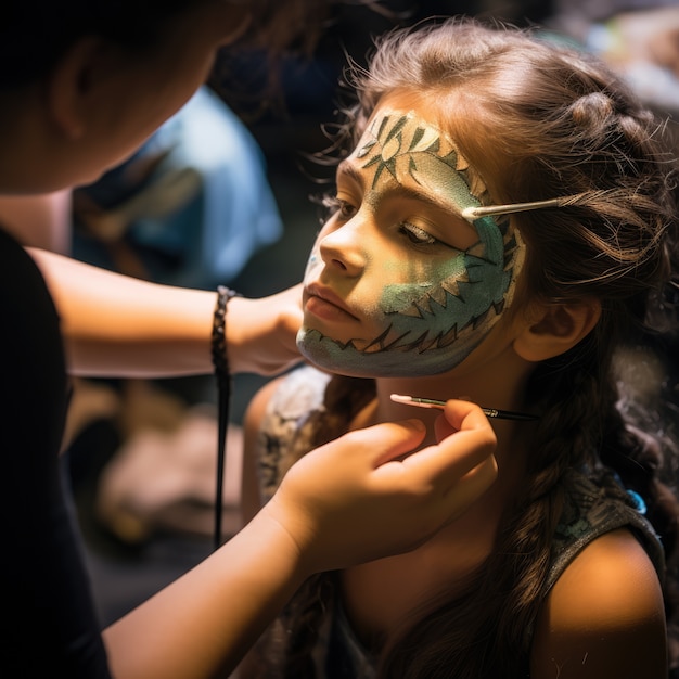 Foto gratuita un niño se maquilla para interpretar una obra de teatro.