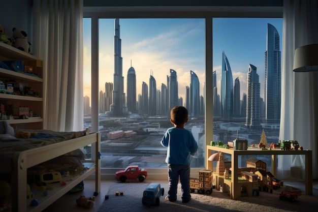 Niño mirando un cielo futurista desde su habitación